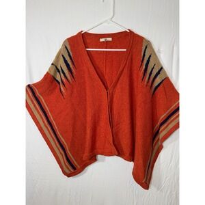 Ya Los Angeles Poncho Orange Tan Navy Knit Cardigan Coverup Women's Size L aztec